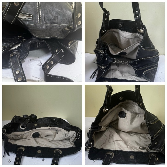 ROOTS Pebble Leather Expandable Big Tote Bag Satchel Shoulder Handbag Zip Pocket - Picture 12 of 16